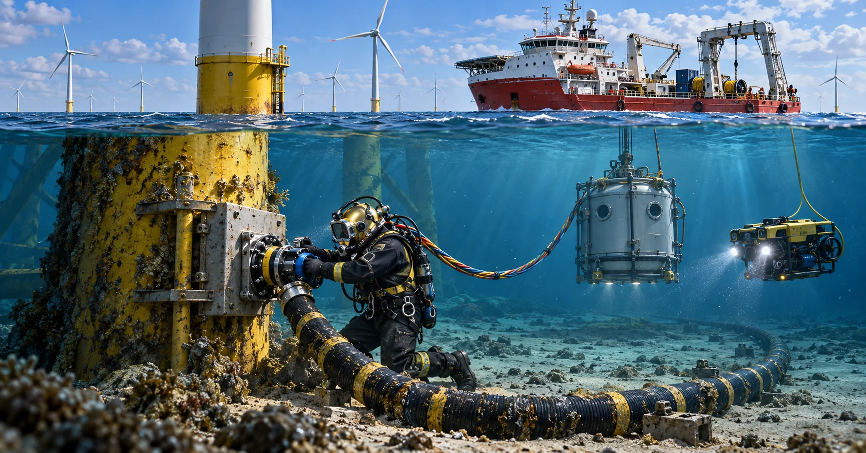 Illustrazione di un sommozzatore professionista, una campana subacquea e un ROV al lavoro sotto un impianto eolico offshore